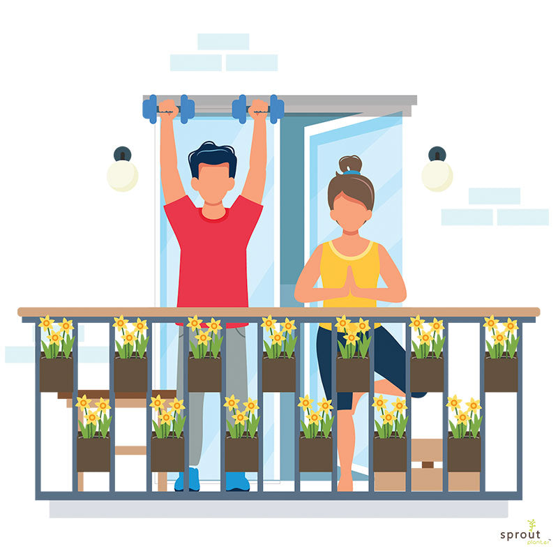Illustration of a People Enjoying Privacy on their Small Balcony with Sprout Railing Planters Installed