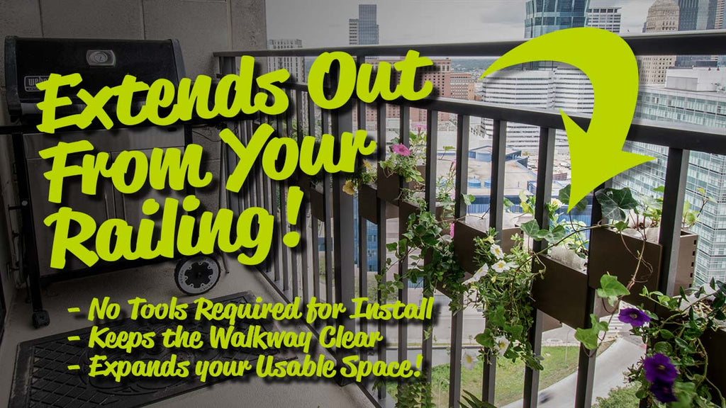 Graphic Showing how Sprout Railing Planters Extend Out From Railing to Keep Walkway Clear on Small Balcony Spaces